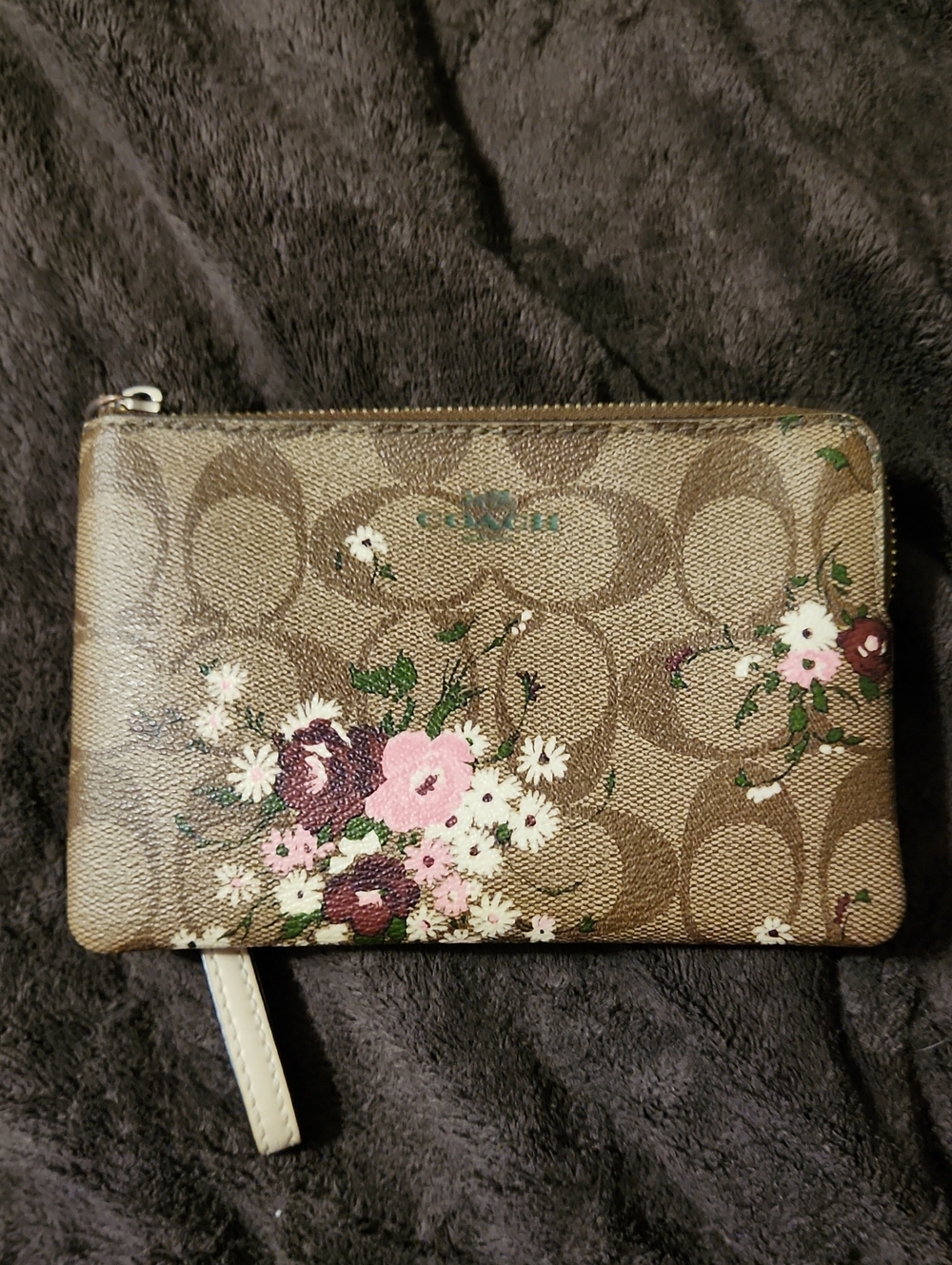 Coach Brown Floral Signature Zip Wristlet with Pink Accents
